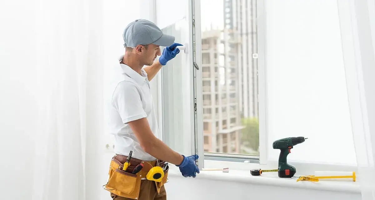 Un technicien installe une fenêtre à double vitrage. Outils et perceuse sur le rebord de la fenêtre.