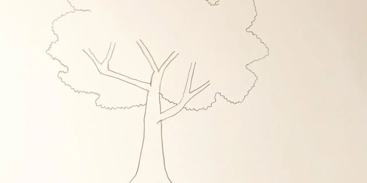 Un dessin arbre facile, avec un tronc simple et une couronne aux contours ondulés, prêt à être coloré.