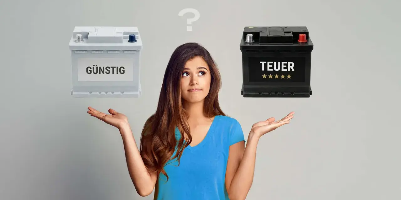 Frau überlegt, ob sie eine günstige oder teure Autobatterie zum Umtausch wählen soll.