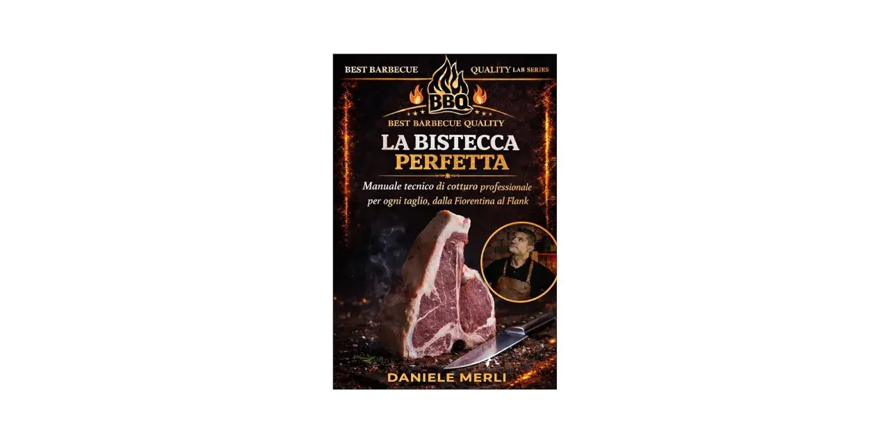 Copertina libro "La Bisteccha Perfetta" con una succulenta bistecca di manzo in primo piano e un cuoco sullo sfondo.