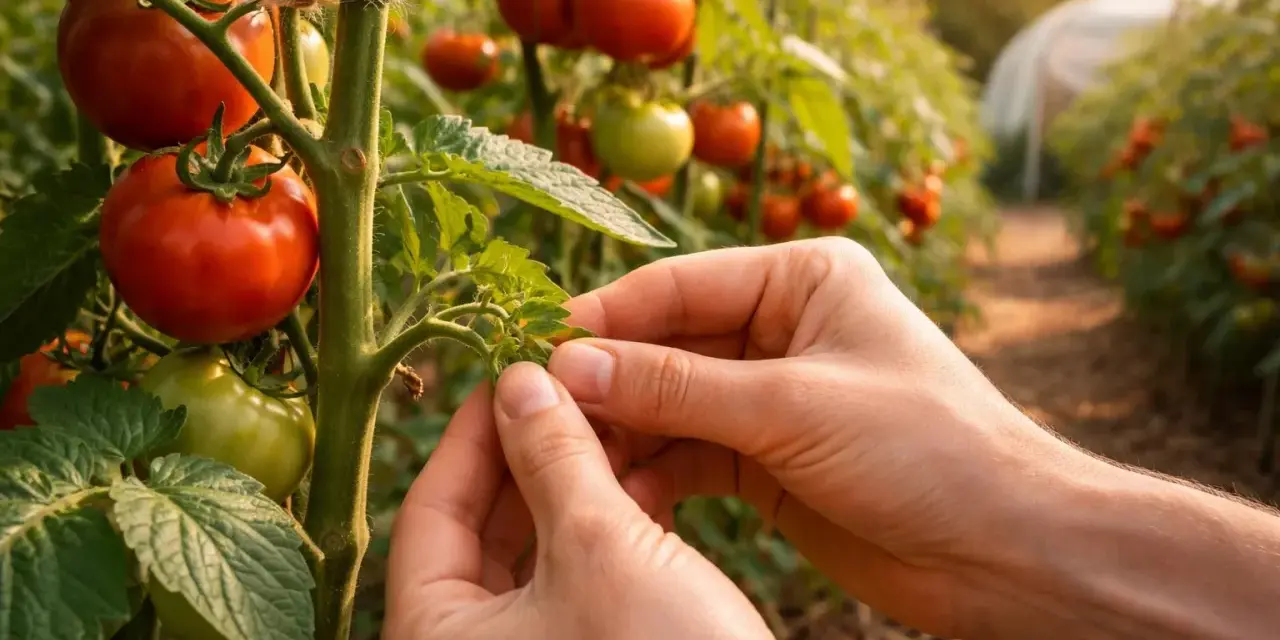 Hände zupfen junge Triebe ab, um das Wachstum der reifen Tomaten zu fördern.