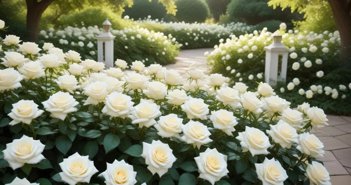En lummig trädgård fylld med vita rosor. Vad betyder vita rosor? De symboliserar renhet, oskuld och nya början.