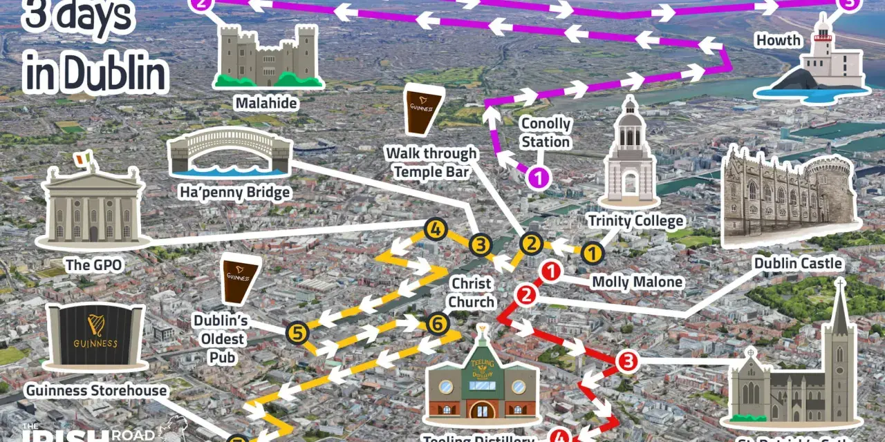 A visual guide for a 3-day Dublin Ireland itinerary, highlighting key landmarks like Trinity College, Dublin Castle, and Howth, with numbered routes.