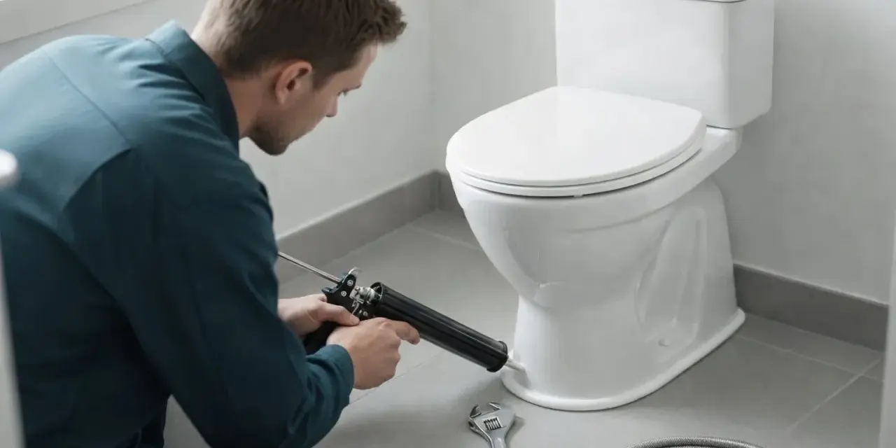 En rörmokare tätar runt en ny toalett med en fogpistol. Verktyg som en skiftnyckel och en slang ligger redo.
