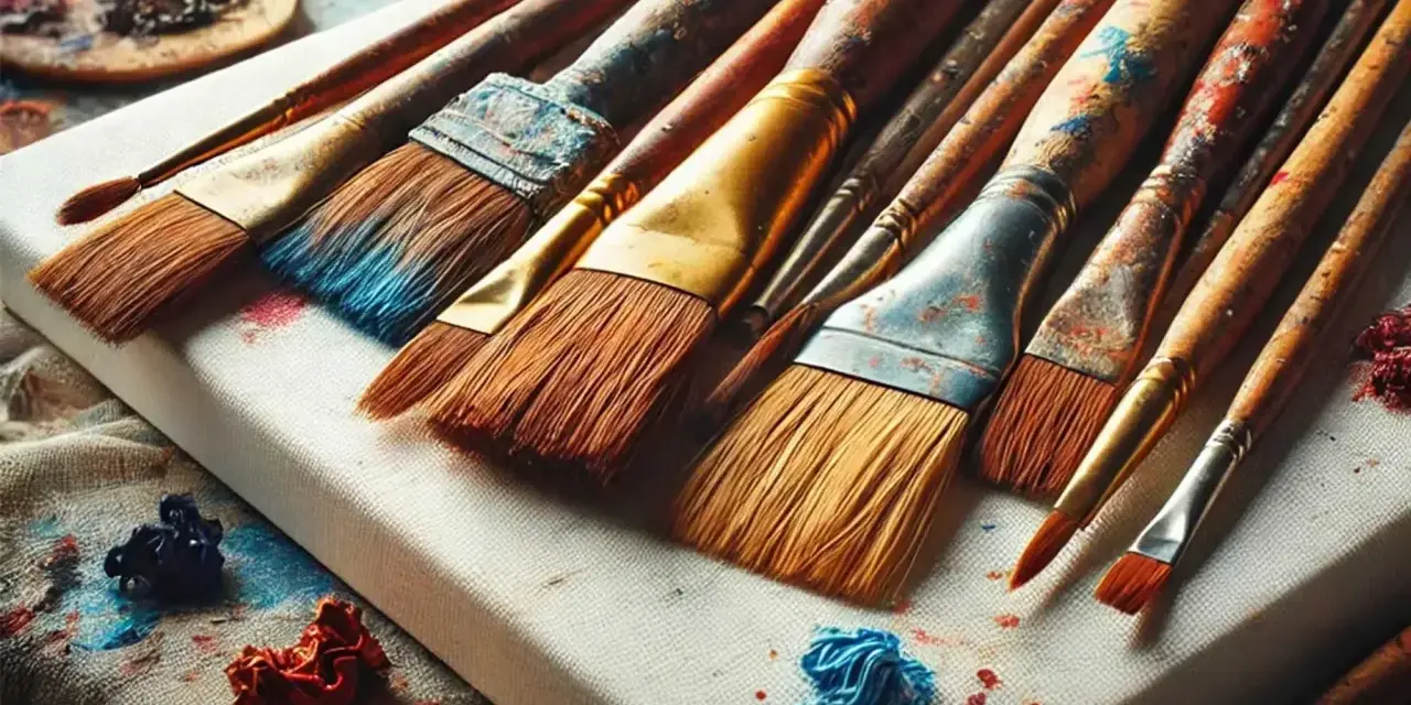 Ensemble de pinceaux à huile en bois, prêts pour le nettoyage. Des touches de couleur bleue et rouge subsistent sur les poils.