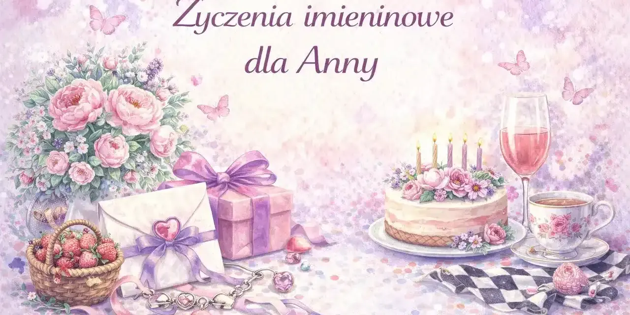 Urocza kartka z okazji imienin Anny: bukiet róż, tort, prezenty, koszyk truskawek i napoje.