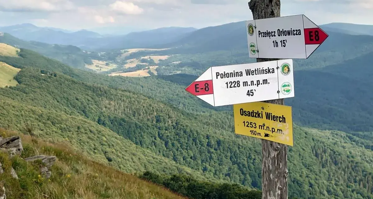 Wskazówki szlaku na Przełęcz Orłowicza i Połoninę Wetlińską. Kierunek na Osadzki Wierch.