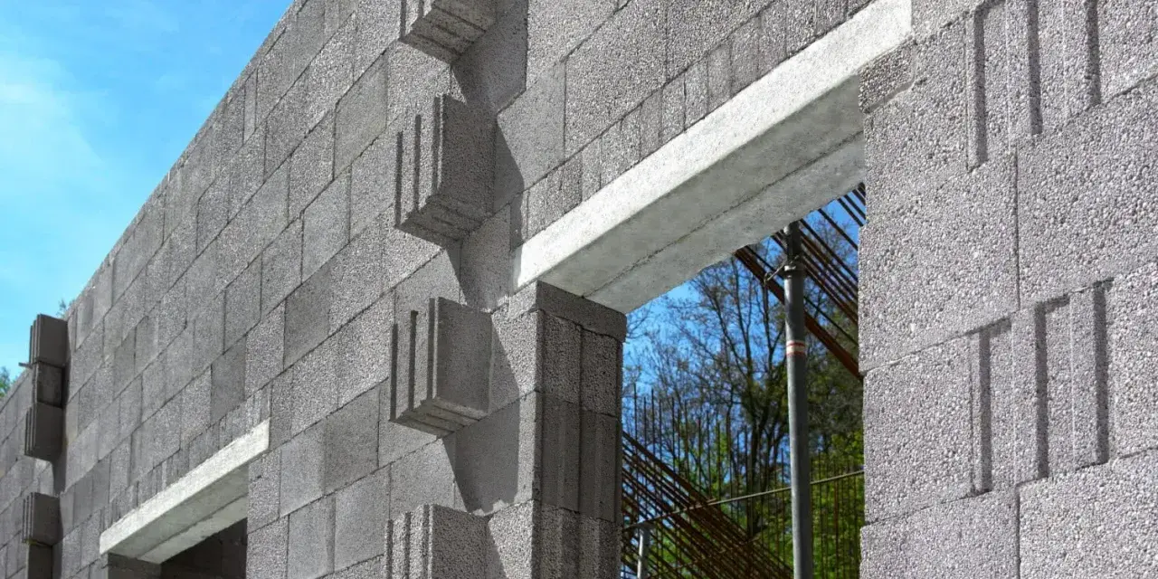 Wzmocnienie nadproża kątownikami w budowie z bloczków betonowych. Widok na fragment ściany z otwartym przejściem.