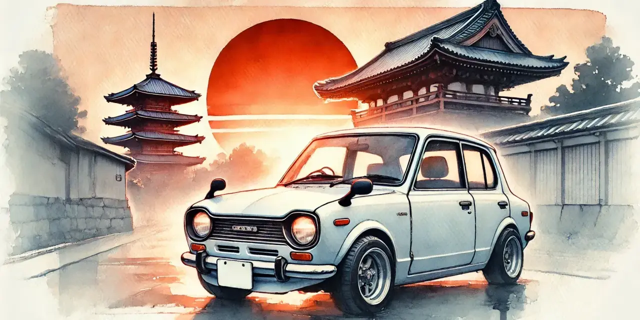 Urocze, białe auto z Japonii na tle zachodzącego słońca i tradycyjnych pagód.
