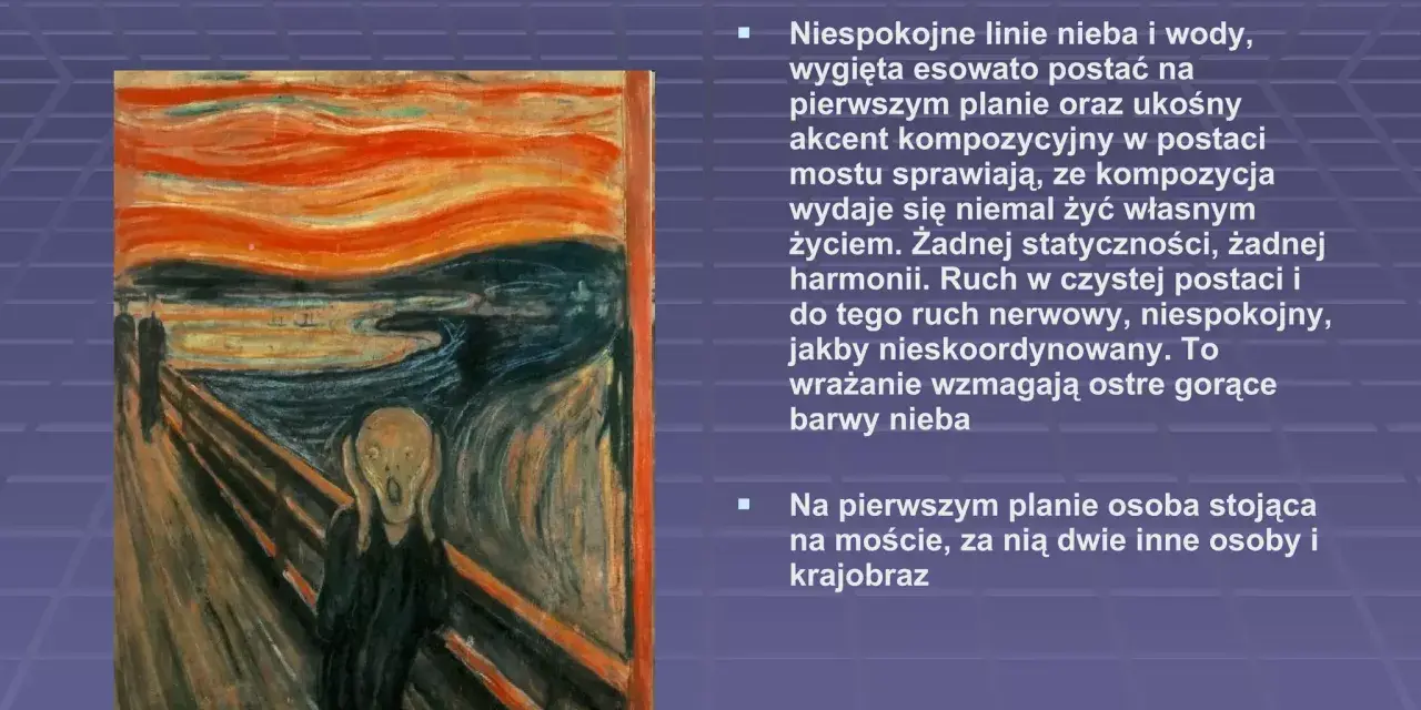 Obraz "Krzyk" Muncha. Niespokojna kompozycja z wygiętą postacią na pierwszym planie, ukośnym mostem i burzliwym niebem.