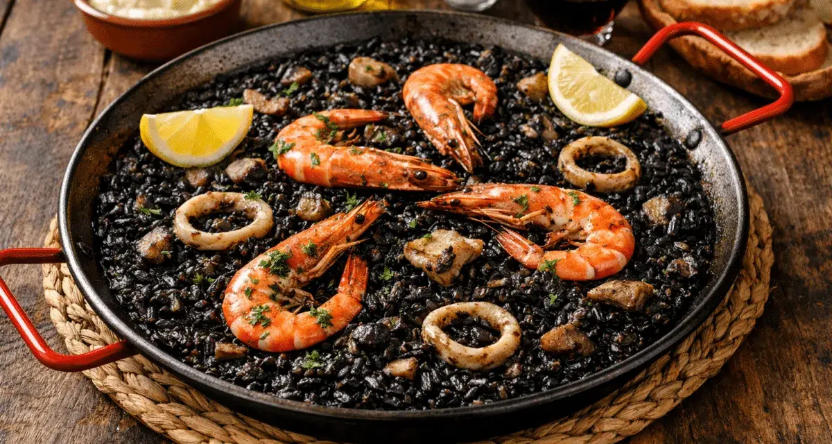 Paella de arroz negro con gambas, calamares y limón en una sartén.