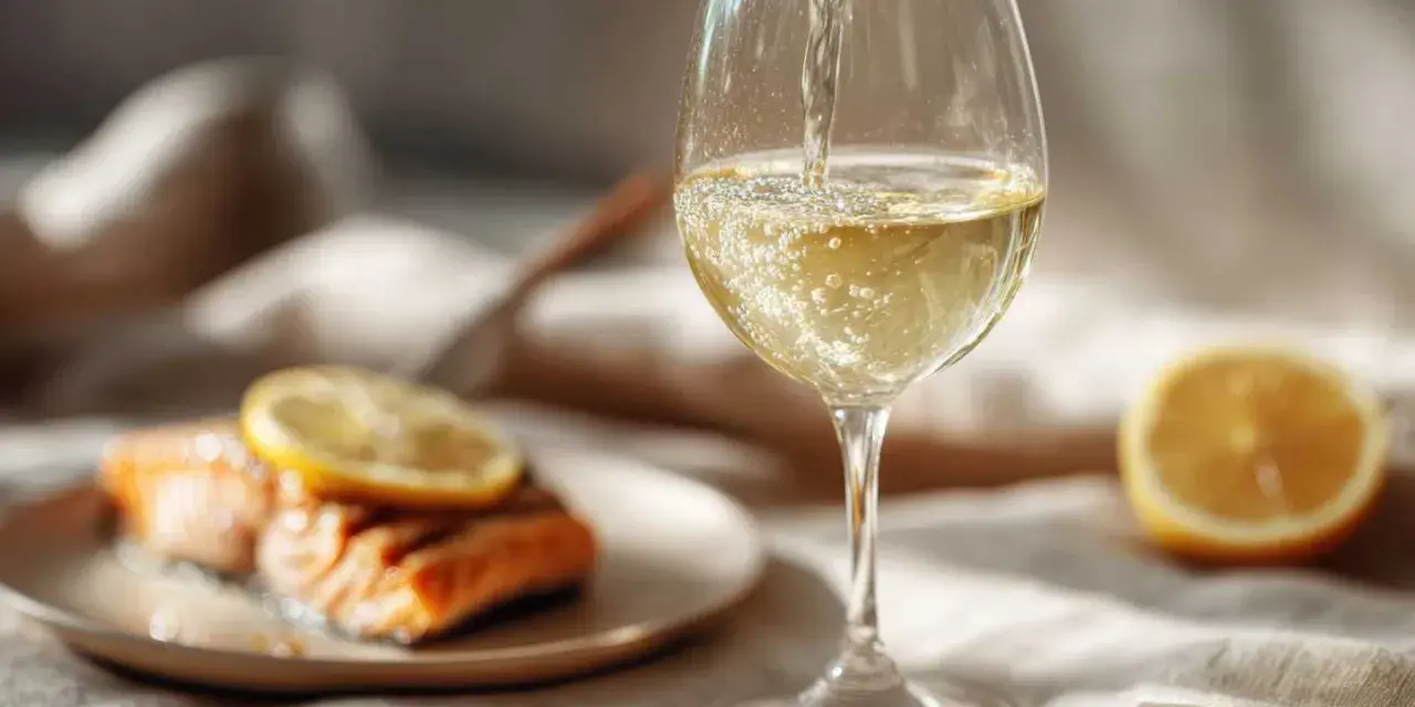 Ett glas vitt vin hälls upp, perfekt vin till lax. En citronskiva vilar på den saftiga fisken.