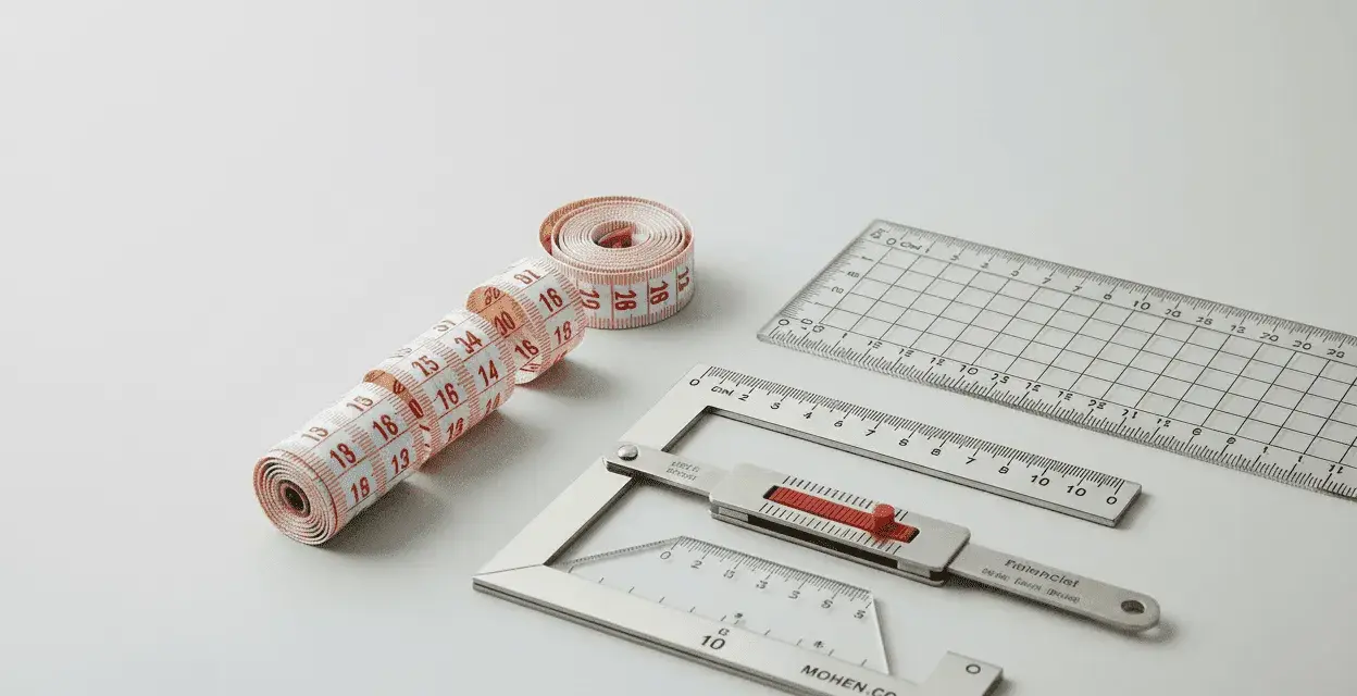 Ruban de couture nervuré et règles de précision, outils essentiels pour des mesures parfaites.