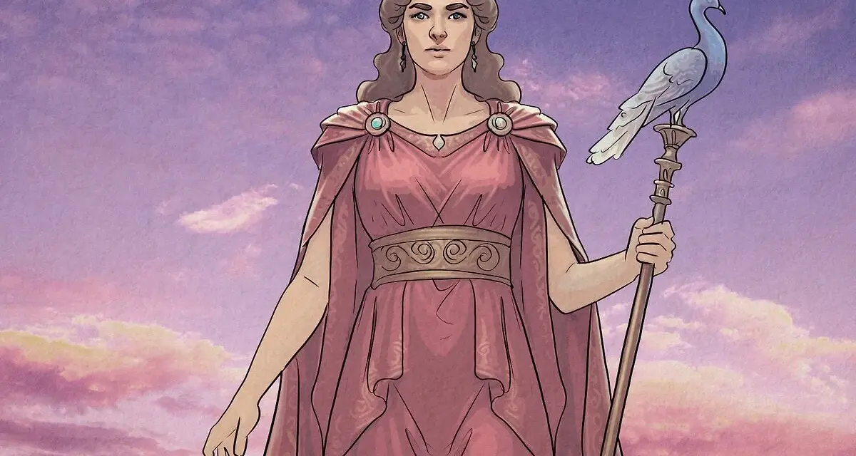 Hera goddess, queen of the gods, stands regally in a pink gown and crown, holding a staff topped with a peacock.