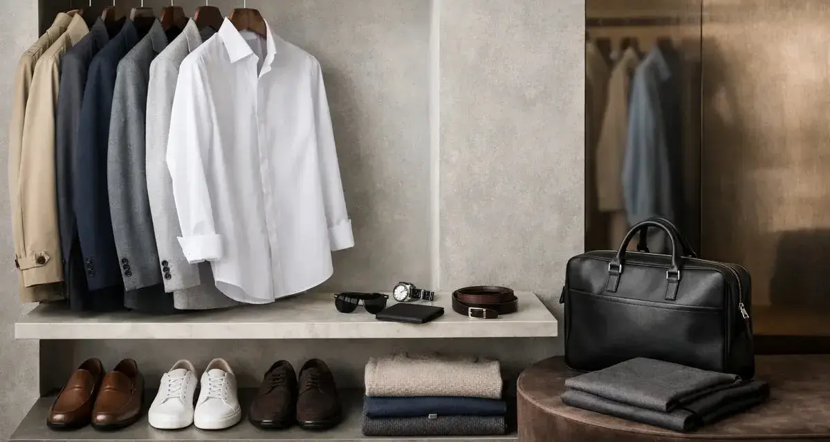 Armadio maschile con abiti eleganti, scarpe e accessori. Un guardaroba curato per trovare il proprio stile uomo.