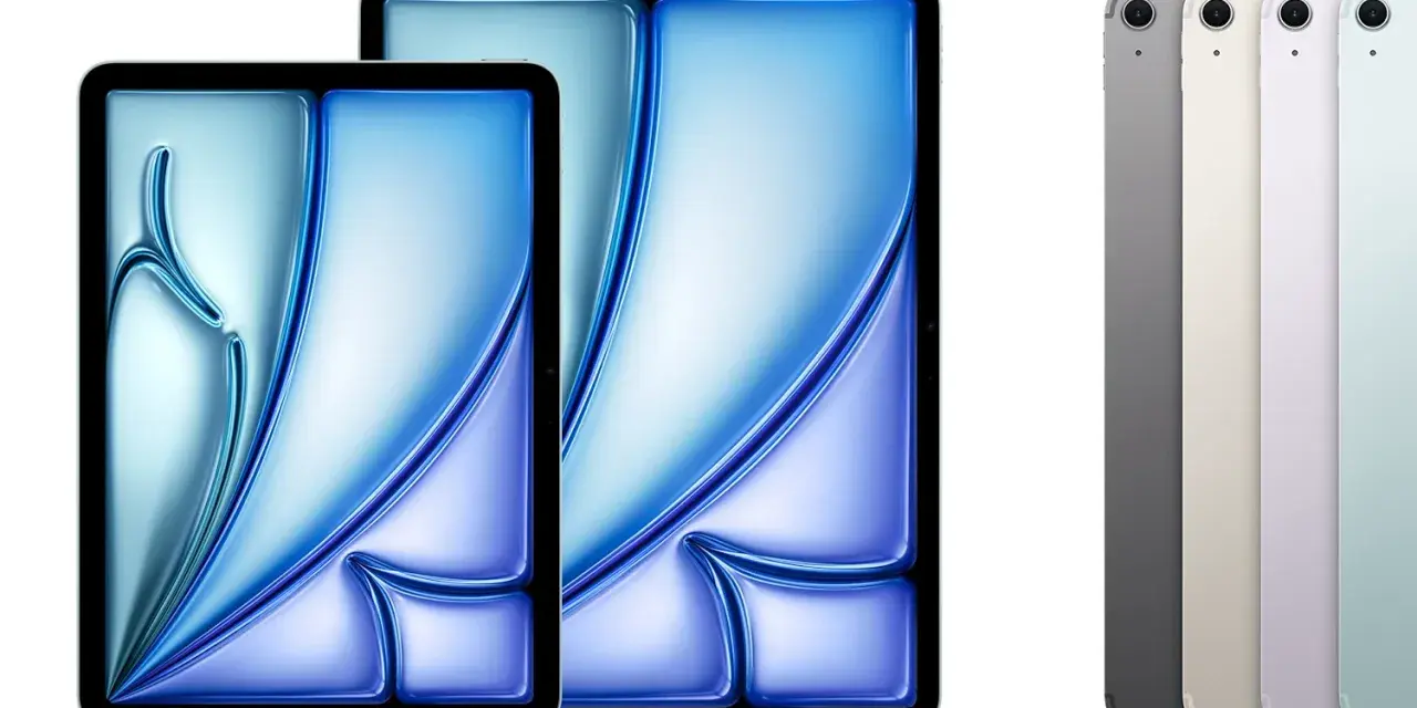 Zwei iPads in verschiedenen Größen mit blau-violettem Hintergrund und vier iPads in verschiedenen Farben nebeneinander.