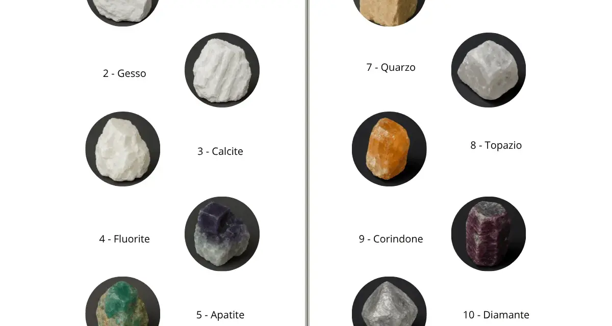 La scala di Mohs illustra la durezza dei minerali: dal talco (1) al diamante (10), con esempi visivi di ciascuno.