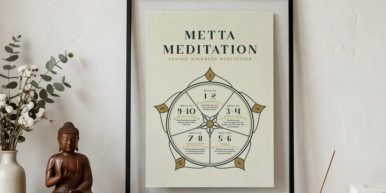 Gerahmter Text mit "Metta Meditation" und Anleitungen. Daneben eine Buddha-Statue und Blumen.
