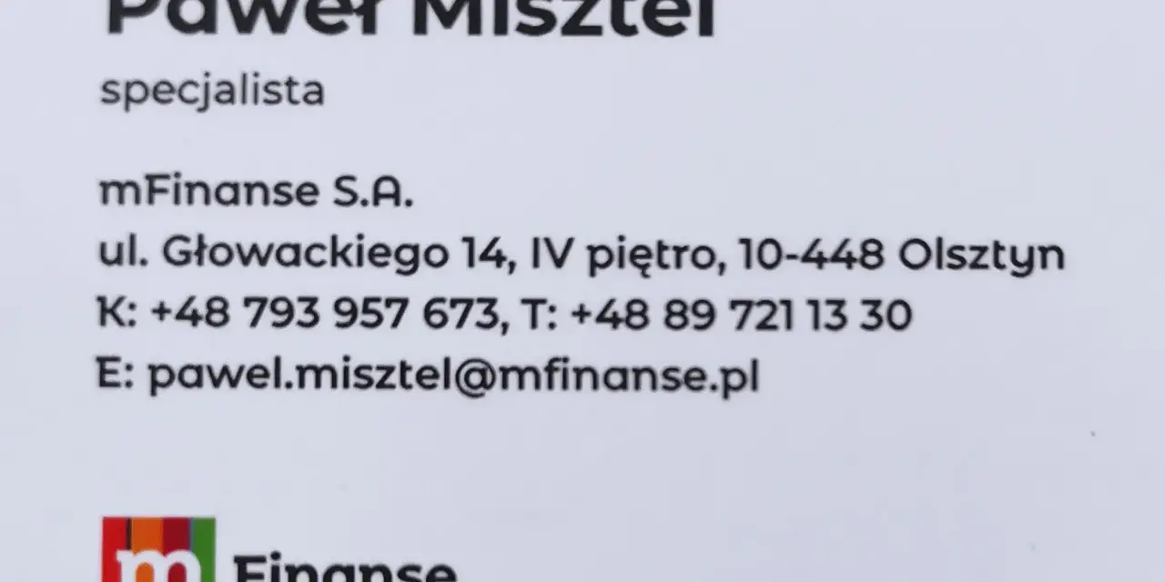 Wizytówka Pawła Misztela, specjalisty mFinanse S.A. z Olsztyna.