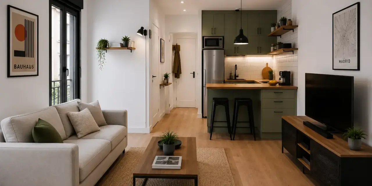 Un loft pequeño moderno con sofá beige, mesa de centro de madera, cocina verde y TV.