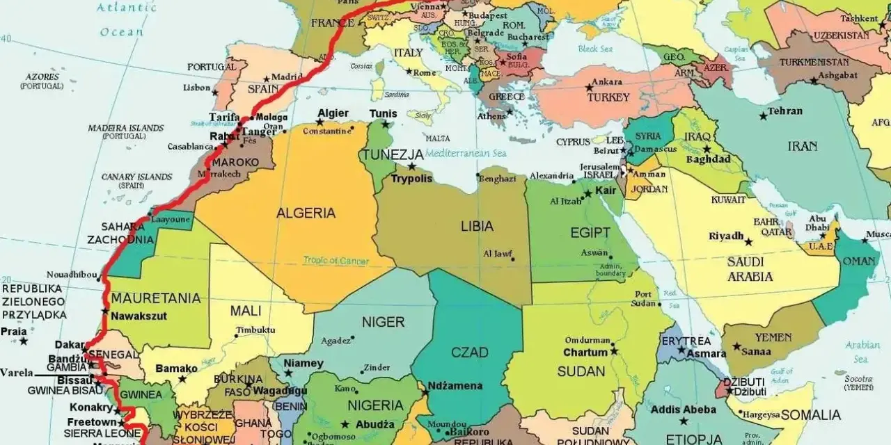 Trasa z Europy przez Afrykę Północną do Ghany, pokazująca gdzie leży Ghana.