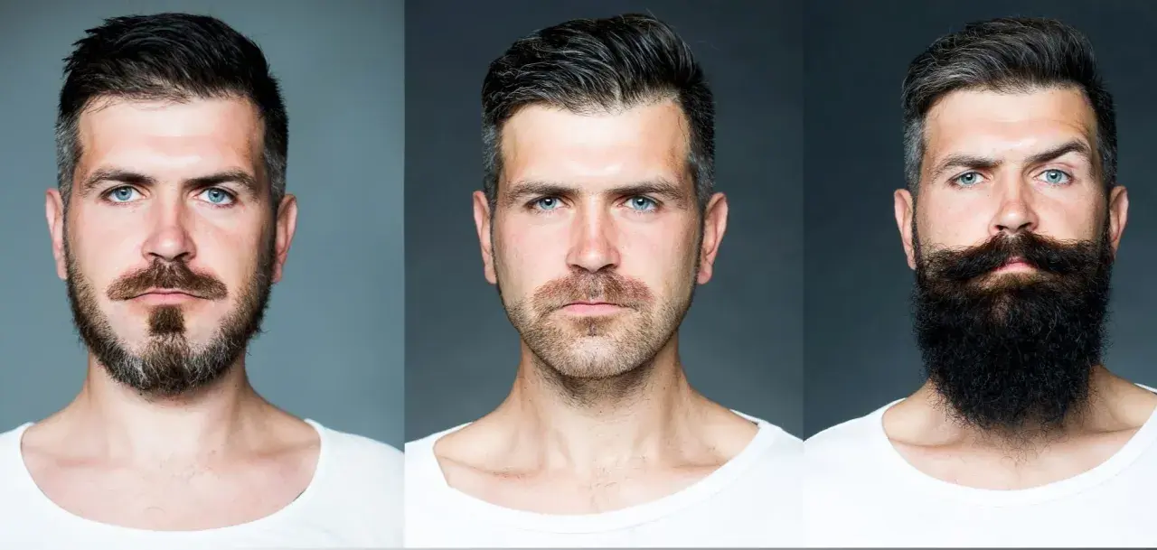Tres hombres con diferentes estilos de barba: un barba goatee, una barba corta y una barba larga y tupida.