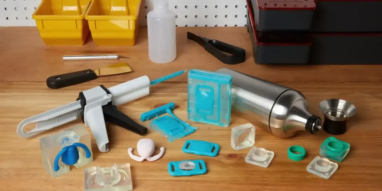 Tools for using resin in silicone molds are laid out, including a caulking gun, various silicone molds, and mixing containers.