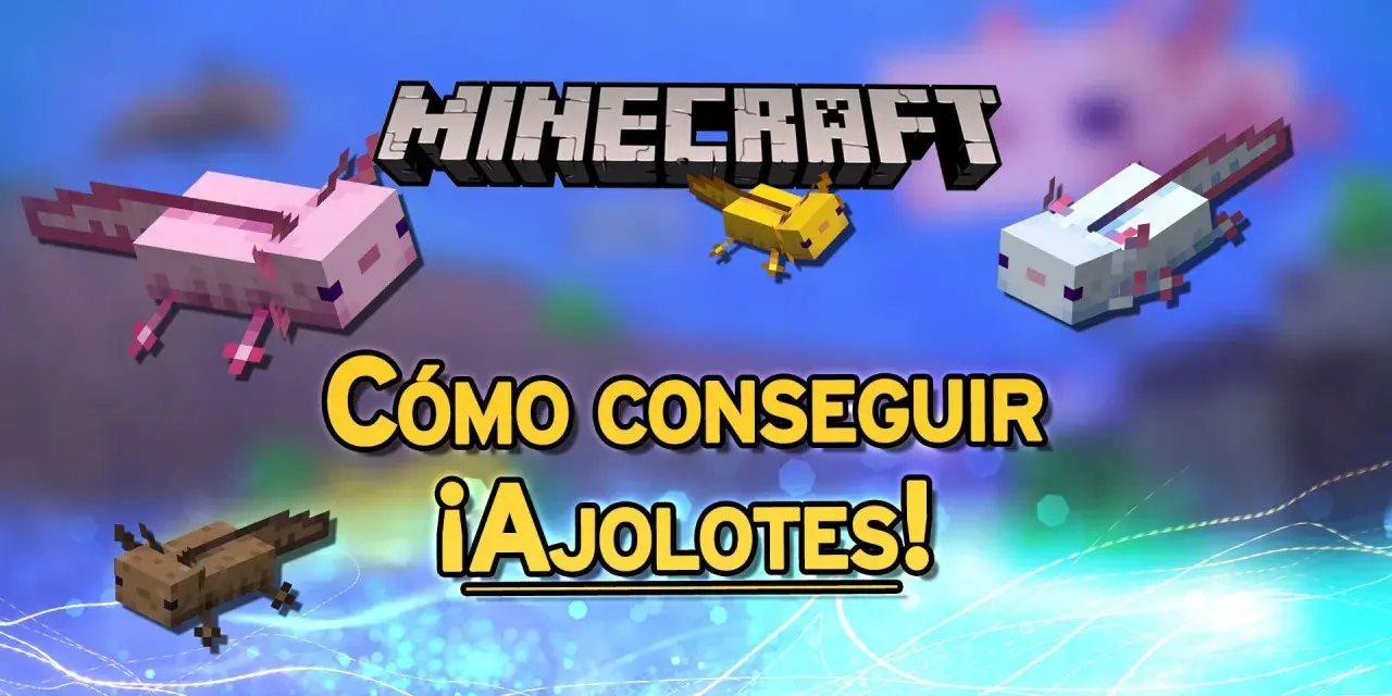 Ajolotes de Minecraft nadando. El texto dice "Cómo conseguir ¡Ajolotes!".