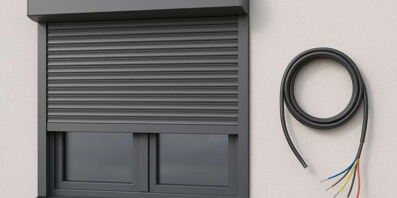 Szary, elektryczny system rolet zewnętrznych zamontowany na ścianie, obok zwinięty kabel z kolorowymi przewodami.