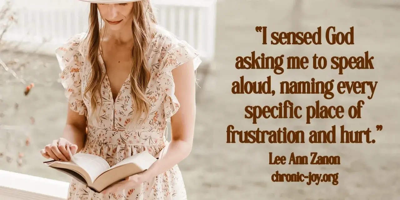 A woman in a floral dress and hat reads a book, her expression thoughtful. The image evokes the feeling of **psalms of lament**, as she seems to be processing difficult emotions.