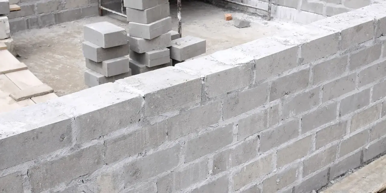 Budowa fundamentów z bloczków betonowych, stosy bloczków na placu budowy.