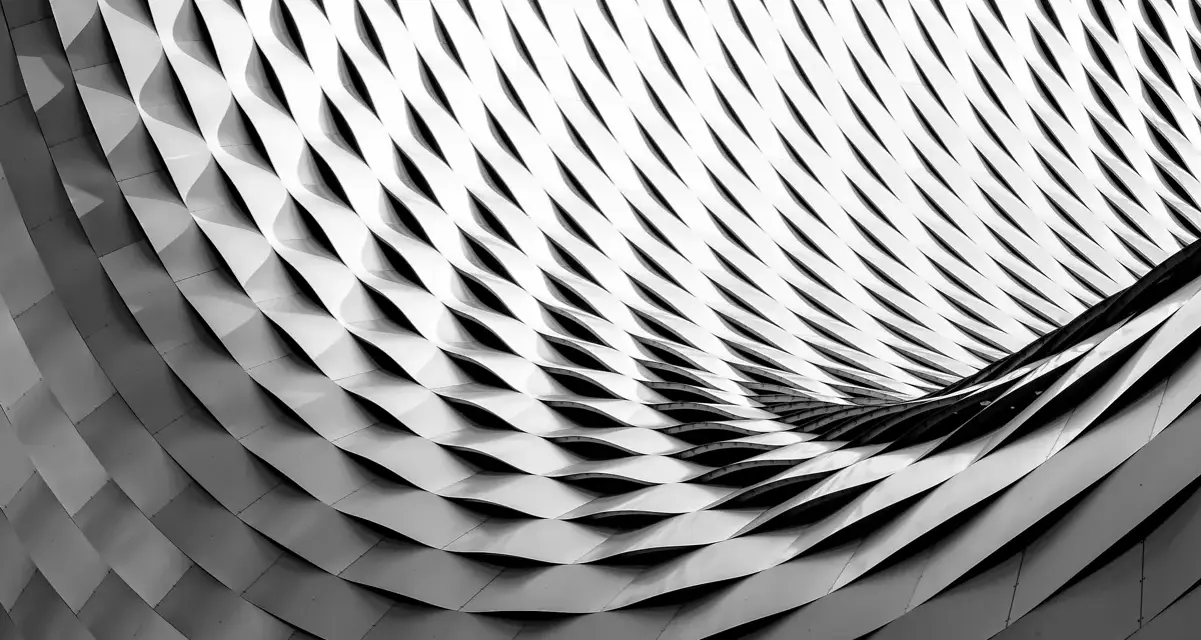 Composition d'image abstraite en noir et blanc, montrant une structure métallique aux formes ondulées et répétitives, créant un jeu d'ombres et de lumières.
