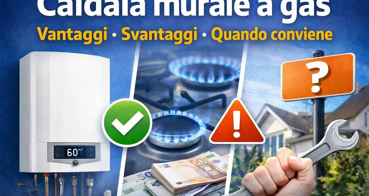 Caldaie di nuova generazione: vantaggi, svantaggi e quando conviene. Immagine con caldaia, fornelli a gas, soldi, chiave inglese e segnali di attenzione.