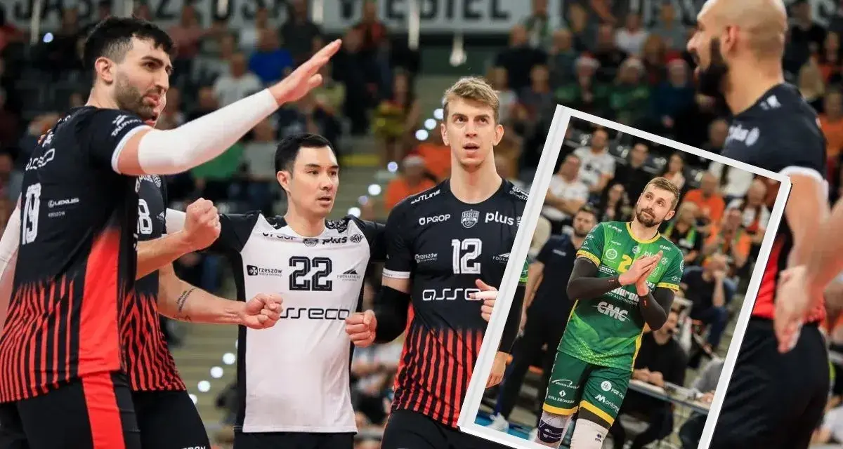 Siatkarze Asseco Resovii w Lidze Mistrzów. W kadrze meczowej widoczni zawodnicy w czarnych strojach, a w ramce gracz w zielonej koszulce.