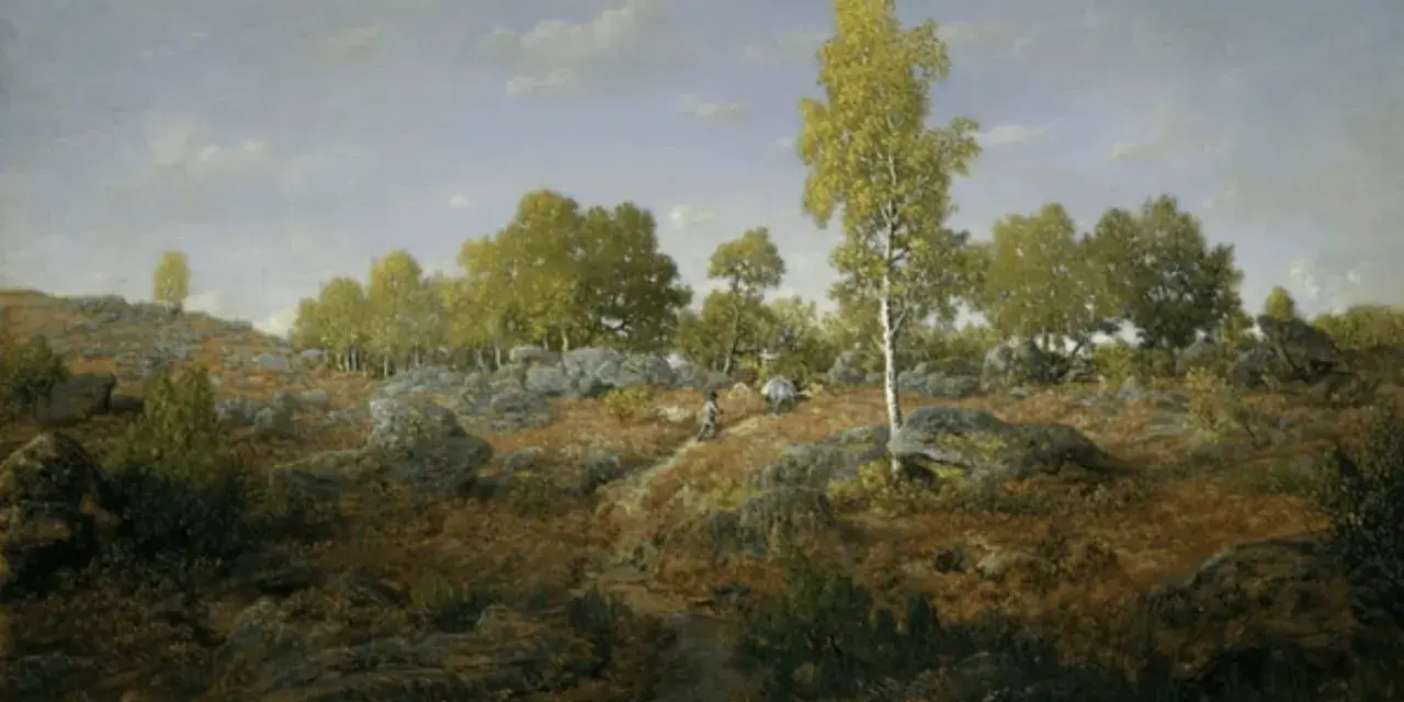 Paysage rocheux et boisé, typique de l'école de Barbizon, avec un chemin sinueux et deux personnages.