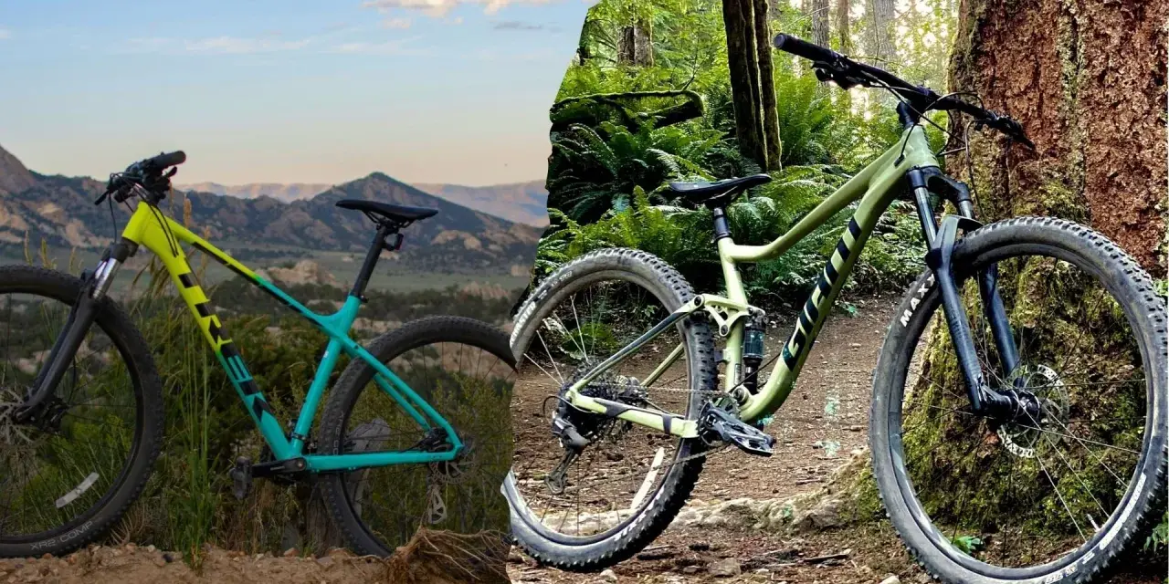 A yellow and teal hardtail bike stands against a mountain backdrop, contrasted with a green full suspension bike in a lush forest.
