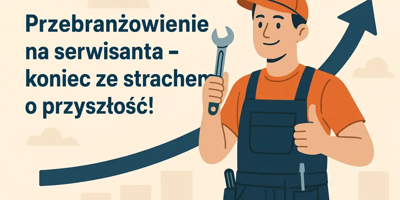 Przebranżowienie na serwisanta to koniec strachu o przyszłość! Uśmiechnięty fachowiec z kluczem w dłoni i kciukiem w górze symbolizuje sukces i rozwój.