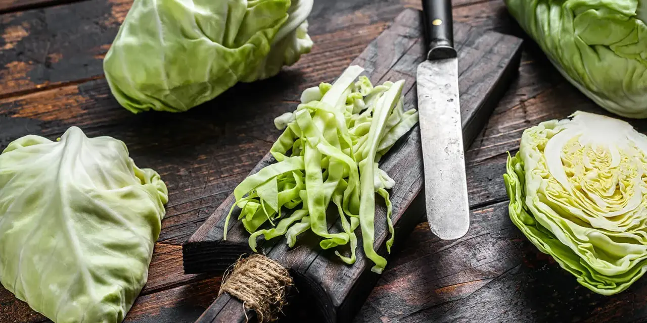 Frischer spitzkohl schneiden für einen Salat. Ein Messer liegt neben dem geschnittenen Kohl auf einem Holzbrett.