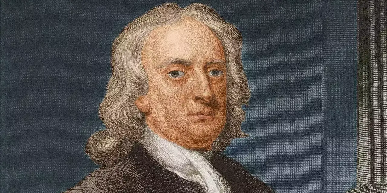 Portrait d'Isaac Newton, le génie qui a découvert la gravité. Il porte une perruque et une tenue d'époque.