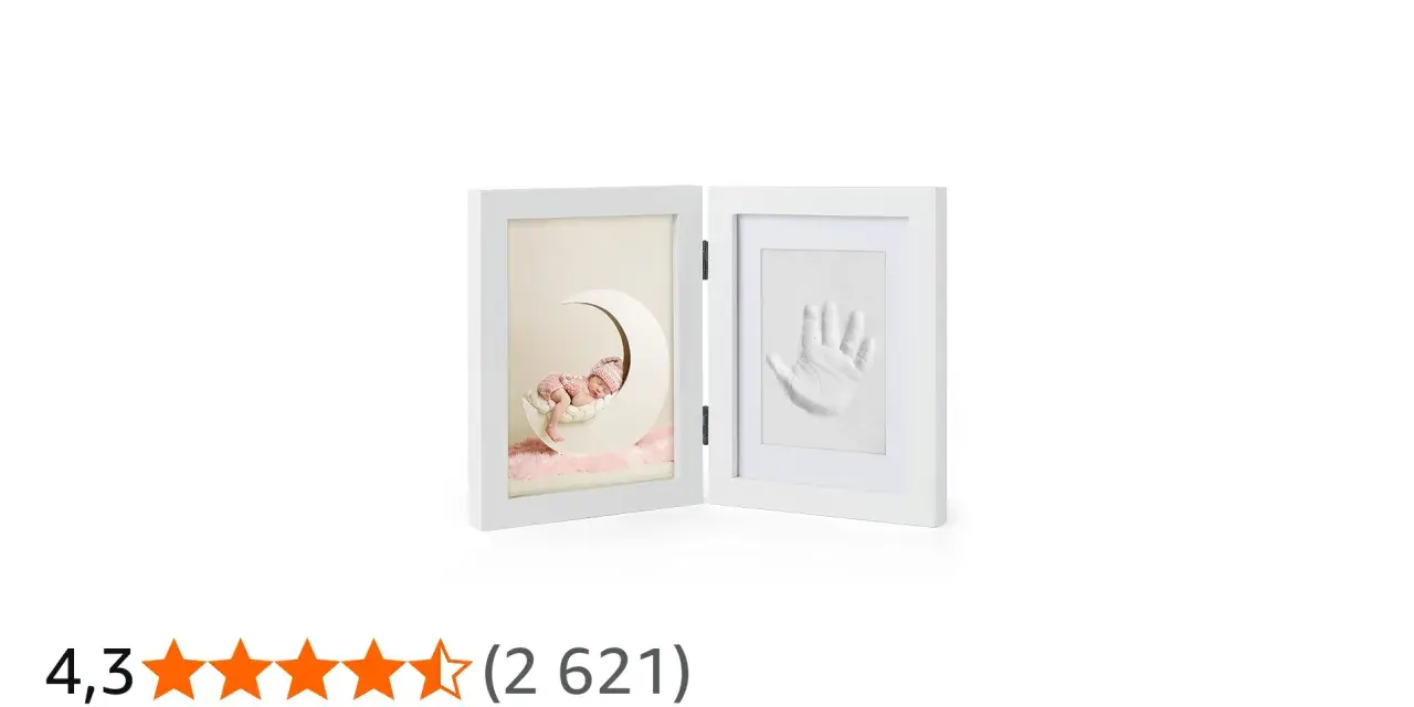 A white diptych frame showing a sleeping baby on a moon and a baby handprint.