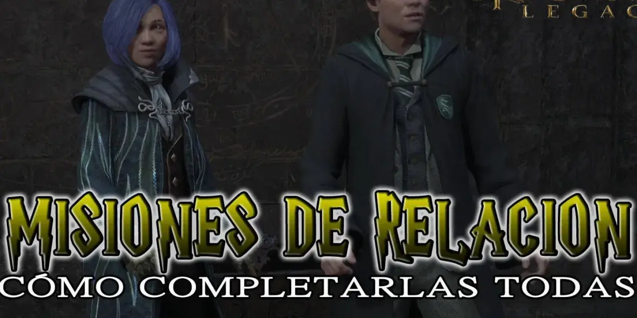 Dos estudiantes de Hogwarts Legacy, uno con pelo azul y otro con uniforme de Slytherin, posan para una guía sobre cómo completar todas las misiones secundarias de relación.
