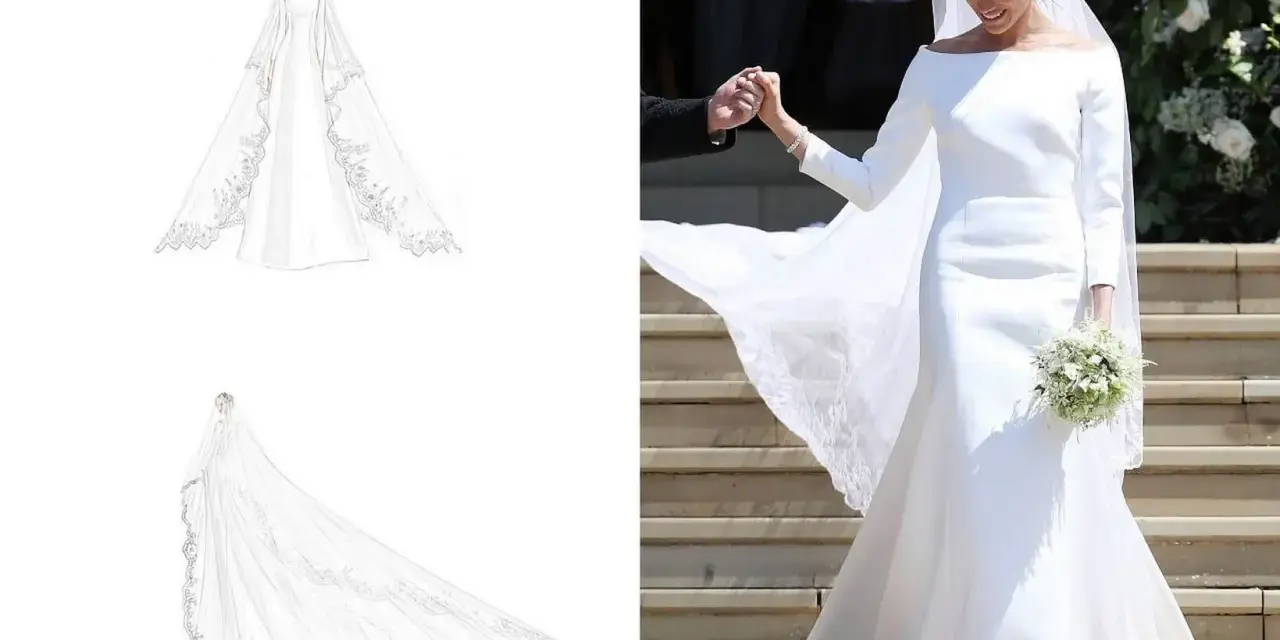 Elegancka suknia ślubna księżnej Meghan z długim welonem i koronkowymi zdobieniami.