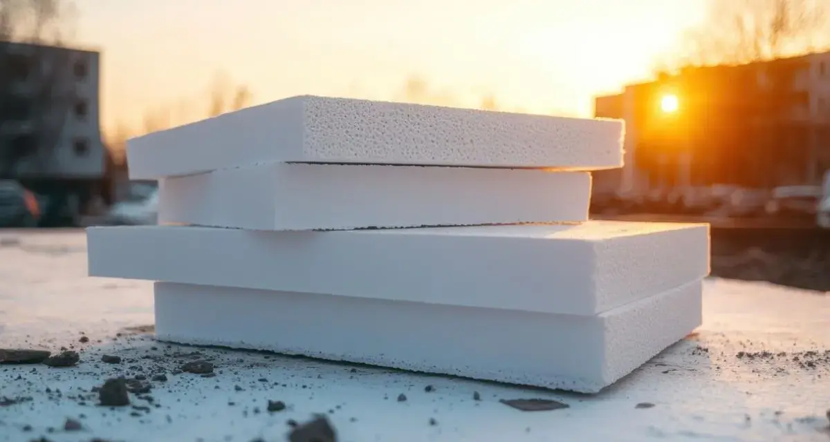 Lastre di polistirolo impilate al tramonto. Questo materiale è un eccellente isolante termico, perfetto per proteggere dal freddo.