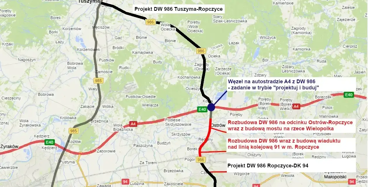 Mapa pokazuje projekt DW 986 Tuszyma-Ropczyce, rozbudowę DW 986 na odcinku Ostrów-Ropczyce i węzeł na autostradzie A4.