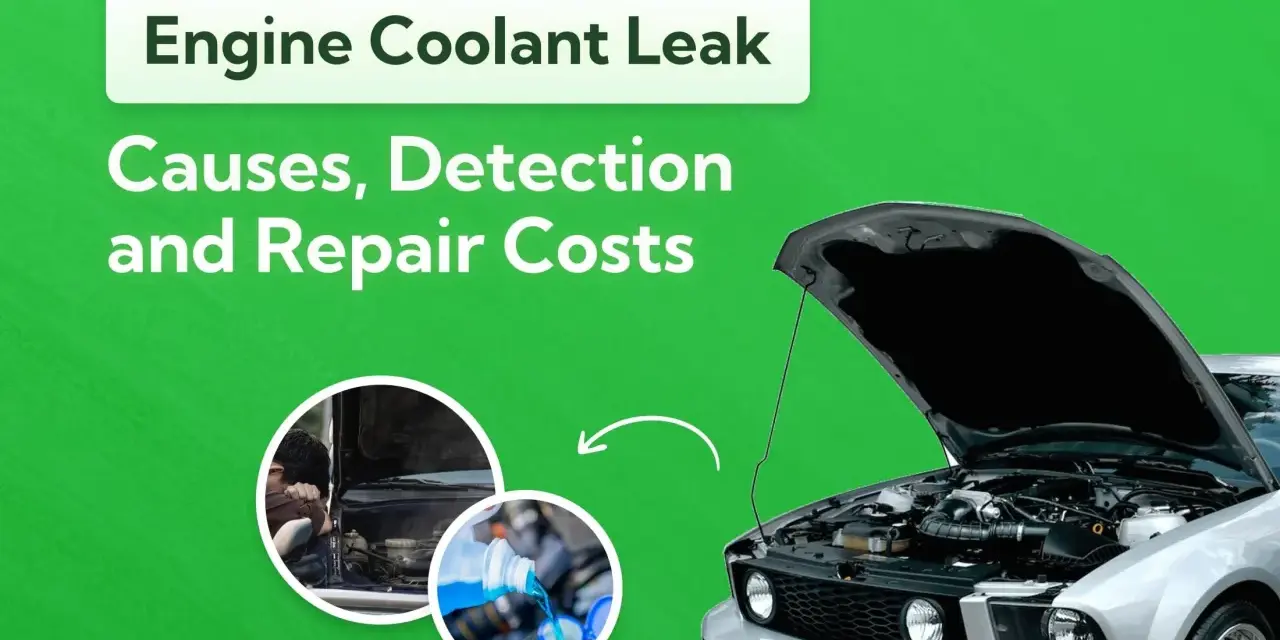 A silver car with its hood open, illustrating an engine coolant leak. The image shows causes, detection, and repair costs.