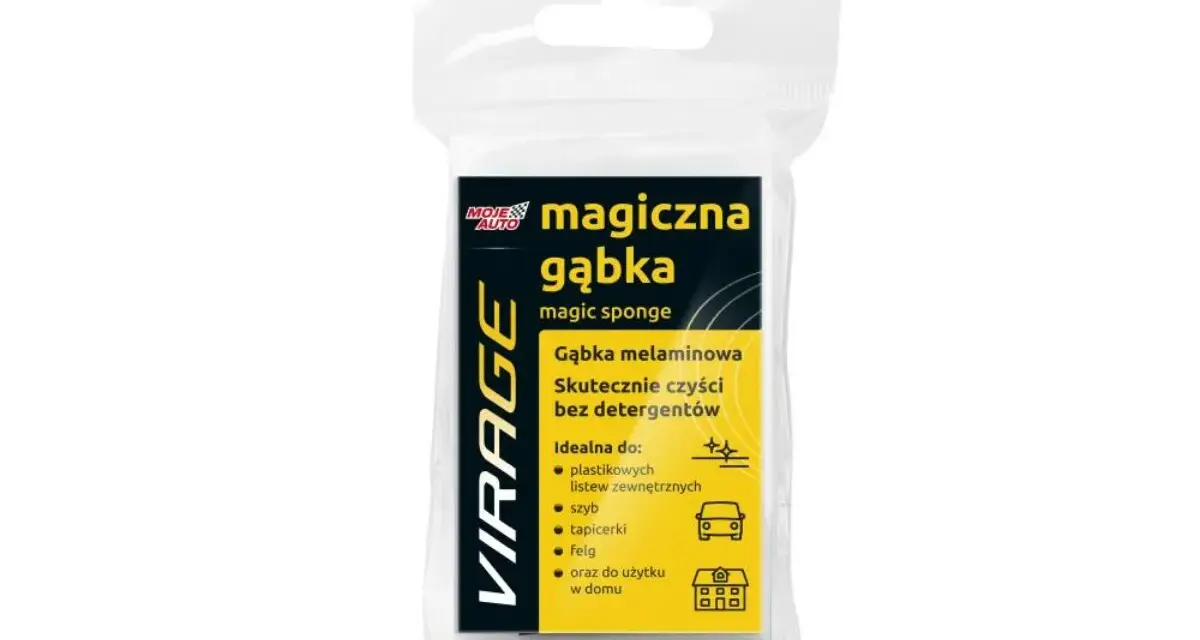 Opakowanie z napisem "VIRAGE magiczna gąbka". Gąbka melaminowa do czyszczenia bez detergentów, idealna do auta i domu.