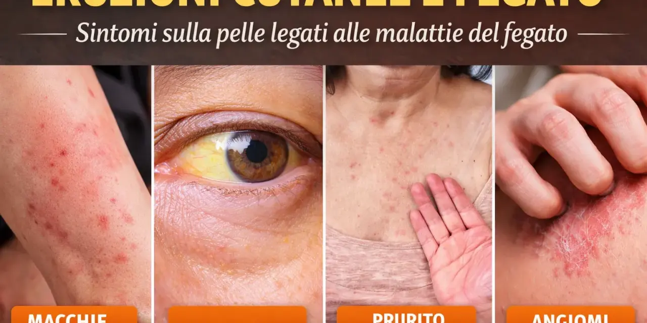 Eruzioni cutanee e ittero: la pelle mostra macchie rosse, una protuberanza cutanea pruriginosa e angiomi stellati, sintomi legati a malattie del fegato.
