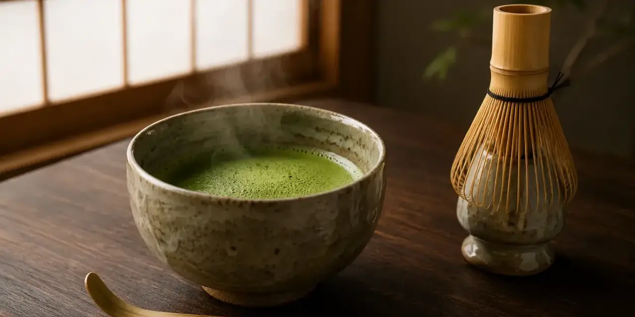 Parzona zielona herbata matcha w ceramicznej miseczce, obok bambusowa miotełka i łopatka.