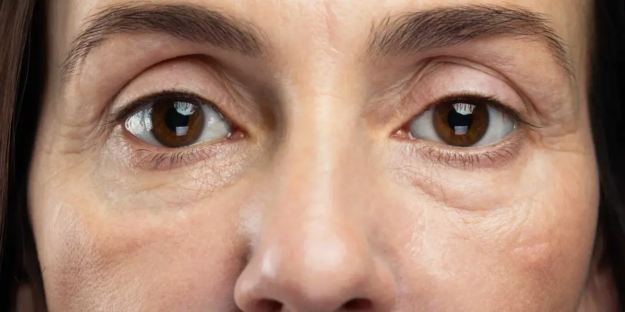 Nahaufnahme eines Gesichts, das schlaffe Haut unter den Augen zeigt, mit feinen Linien und Falten, die die Spuren der Zeit erzählen.