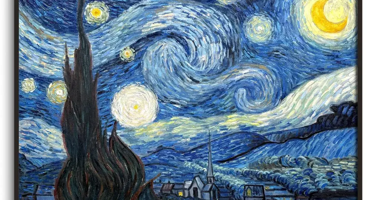 Nuit étoilée, chef-d'œuvre des artistes impressionnisme. Un cyprès sombre domine un village sous un ciel tourbillonnant de lune et d'étoiles.